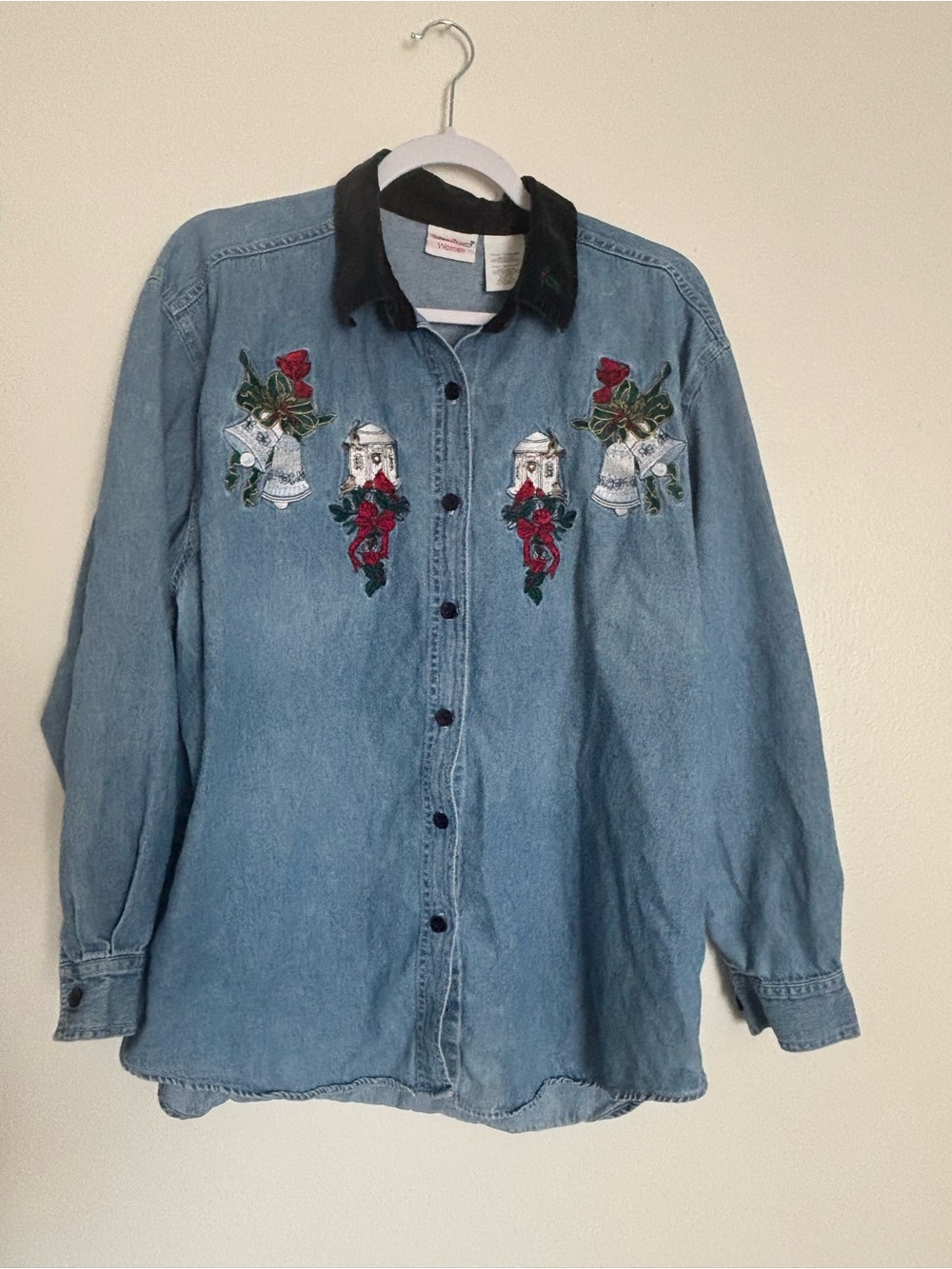 Bobbie Brooks Light Blue Denim Button-Up with Black Collar & Red Rose Embroidery